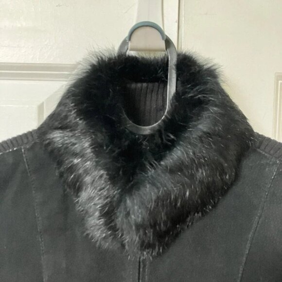 Y2K Escapade Black Stretch Ribbed Knit Suede Rabbit Fur Collar Sweater Jacket - Picture 3 of 5